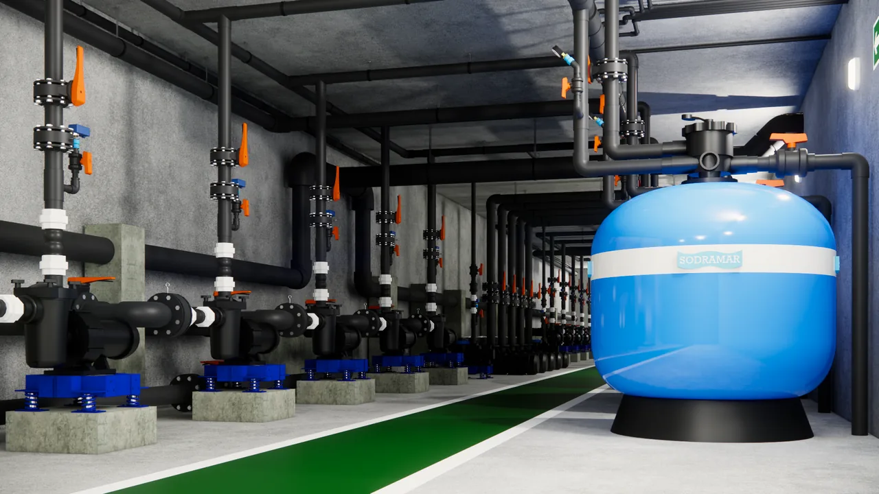 Render 3D do projeto hidráulico da piscina