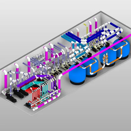 Sala técnica projetada em 3D — vista isométrica