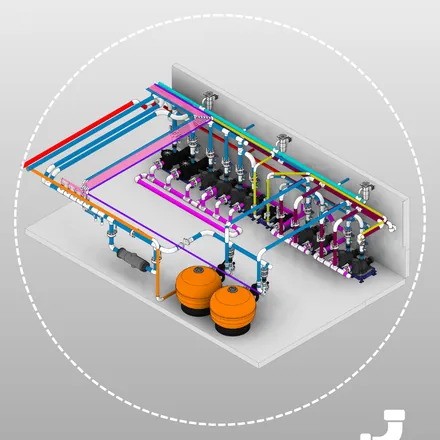 Sala técnica com barrilete e filtros — projeto 3D
