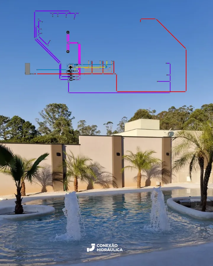 Projeto hidráulico de piscina com fontes e paisagismo