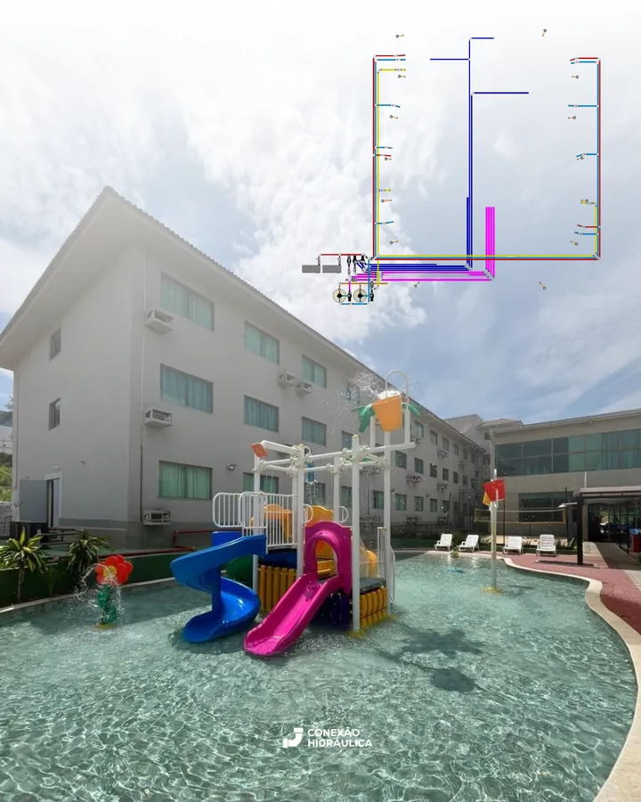 Projeto hidráulico de piscina infantil com playground aquático